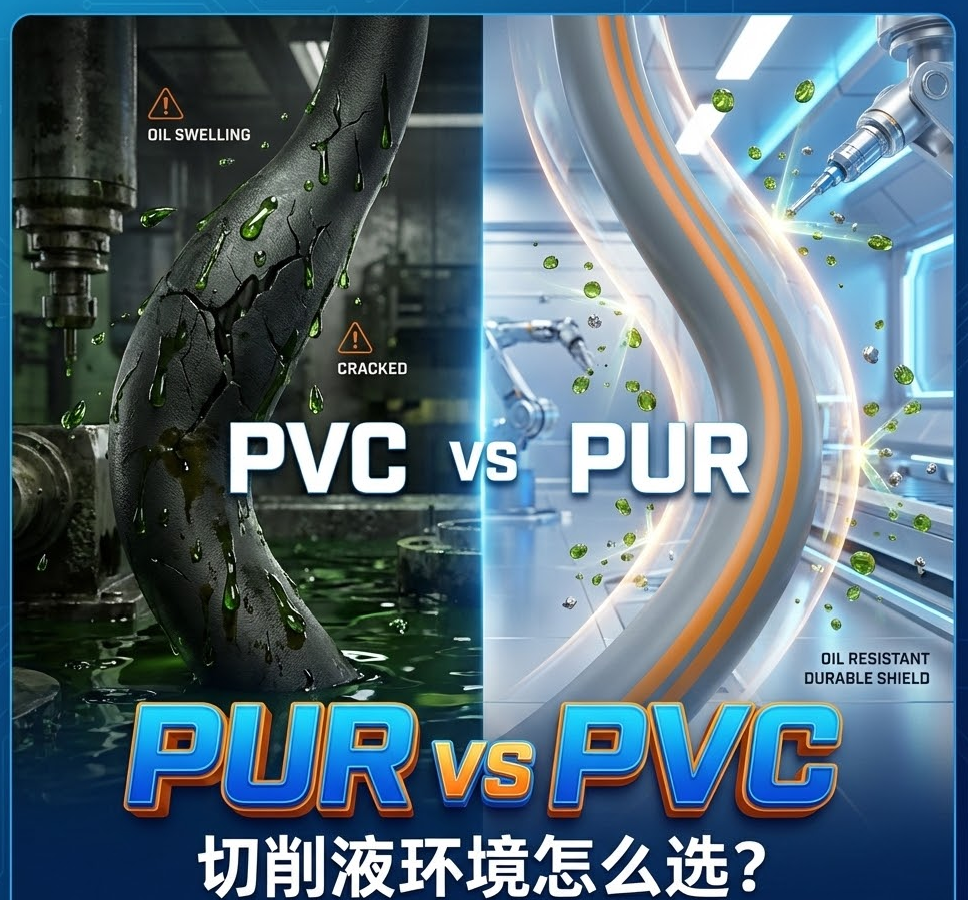 PUR vs PVC：：：机床切削液情形下，你的拖链电缆选对护套了吗？？？